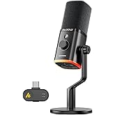 MAONO PD100W Wireless/USB Microphone, PC Gaming Mic with One-Click Noise Reduction,Mute Button,Custom RGB, 3.5mm Headphone Jack, Desktop Dynamic Streaming Mic for Recording,Podcasting, Black
