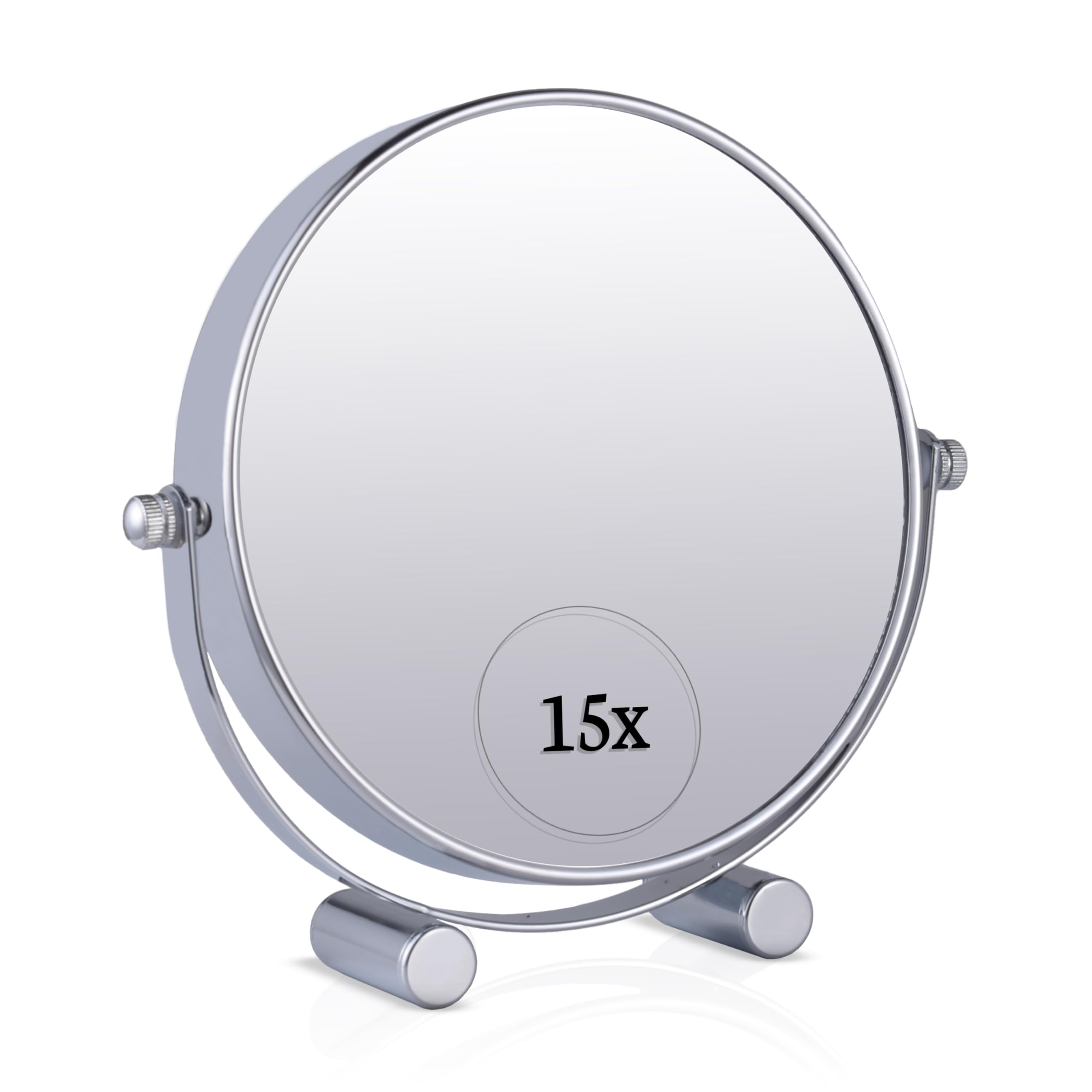 Small 15X Magnifying Dressing Table Mirror for Makeup - Double Sided 15X/1X, Free Standing Mirror for Vanity and Bathroom - 15cm Wide & 17cm Tall (Chrome)