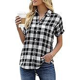 Veatzaer Women's Plaid Short Sleeve Button Down Shirt Casual Summer Blouses Tops