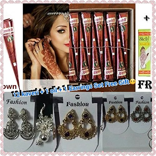 Kaveri Temporary Tattoo Natural Mehandi 12 Pcs + 1 Mehandi Oil + 1 Earring Pair Free Gift - HerbalStore_24*7