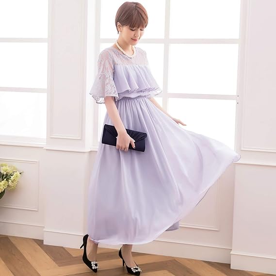 Amazon 結婚式 ワンピース 体型カバー お呼ばれ マタニティ ドレス フォーマル 半袖 膝丈 フリル袖 レース きれいめ パーティ パーティードレス 通販