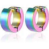 BIYONGDE Rainbow Circle Huggie Hinged Hoop Earrings Stainless Steel Men Women Minimalist Fashion Cool