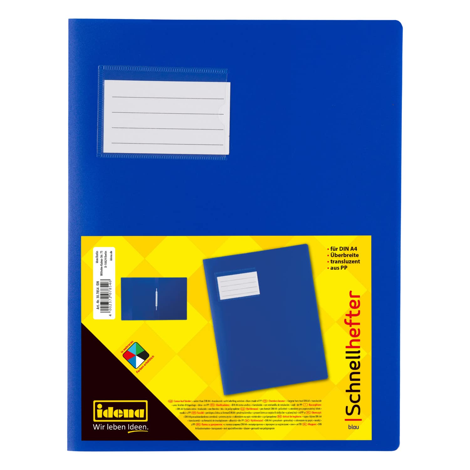 Idena 307854 - File Folder for DIN A4, with Extra Width, Made of Polypropylene, Translucent Blue, 1 Piece