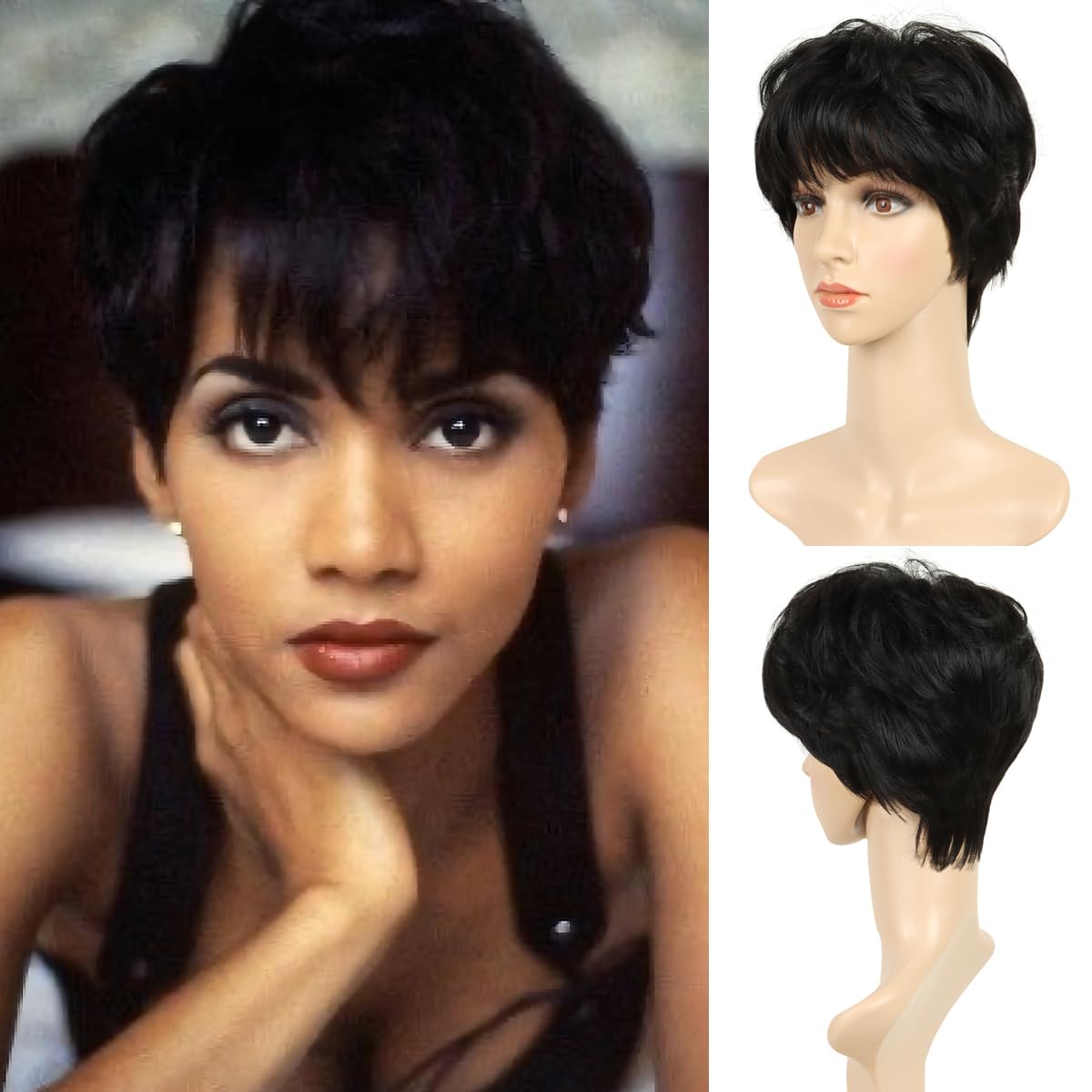 BECSU Short Wigs for Women Black Pixie Cut Wig Short Hair Wigs with Bangs Synthetic Wig for Daily Cosplay(Natural Black)