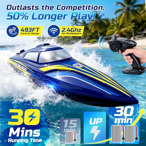 DEERC 14" Fast RC Boat for Kids & Adults, 32+ KPH Remote Control Speed Boat with 2x1200mAh Batteries, Auto Self-Righting Waterproof Toy for Lakes & Pools