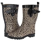 Capelli New York Shiny Baby Leopard Printed Ladies Short Sporty Body Rubber Rain Boot Grey Combo 10