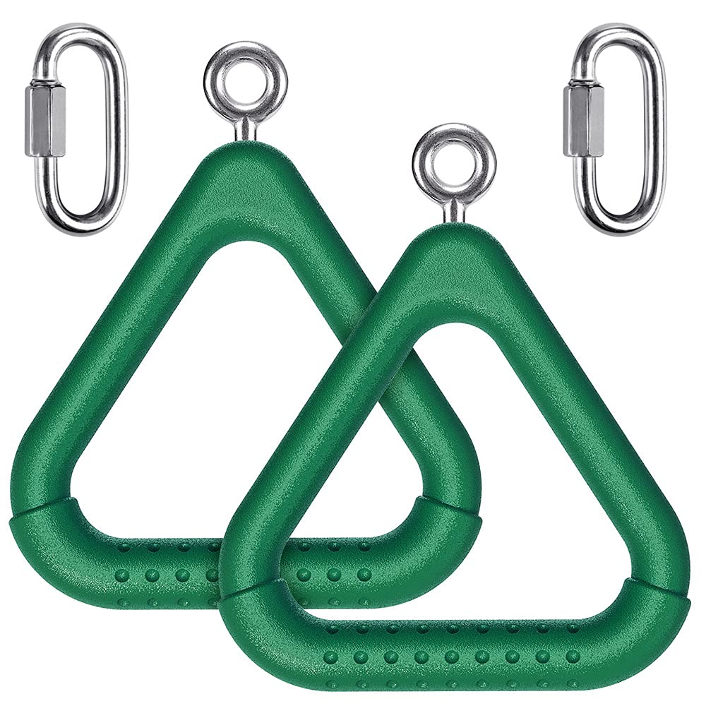 Dolibest Trapeze Ring, 2 Pack Gym Ring Triangle Monkey Bar Handle Grip with Carabiner for Outdoor Swing Set/Climbing Frame/Obstacle Course/Pullup/Olympic Training Indoor Fun Activity, Green