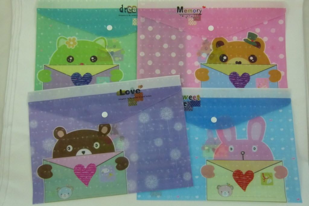 Cute Envelope Animal Press Stud Document Envelope Wallet (Pack of 4 Pieces Assorted Designs), C4