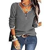 Hongqizo Women's V Neck Long Sleeve Sweater Half Zipper Knit Sweater Casual Cricket Stripe Jumper Pullover Knit Tops