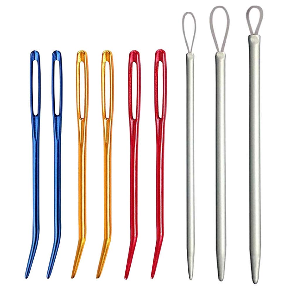 Sewing Knitting Needles, 6pcs Large Eyes Bent Tapestry Needles Wool Needles and 3pcs Nylon Thread Yarn Threader Sweater Crochet Needle Knitting Pulling Tools