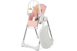 BABY JOY Baby High Chair, Foldable Highchair w/Toy Bar, 7 Heights, 4 Reclining Angles, Adjustable Footrest, Removable Double Tray, PU Cushion & Lockable Wheels for Babies Toddlers, 6-36 Months (Pink)