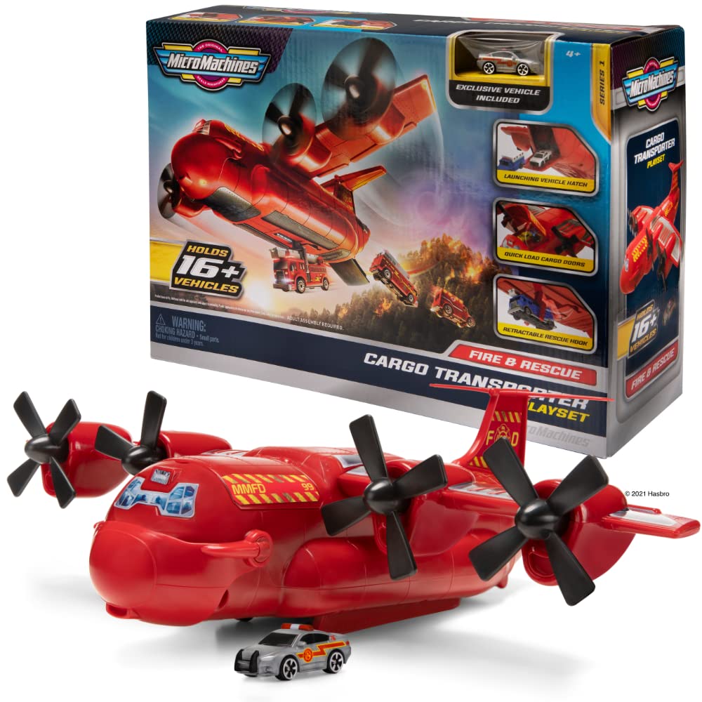 Micro Machines MMW0080 Fire and Rescue Transporter Plane-Features Hatch, Retractable Hook, Cargo Doors, and Exclusive Vehicle-Collect Them All, Red