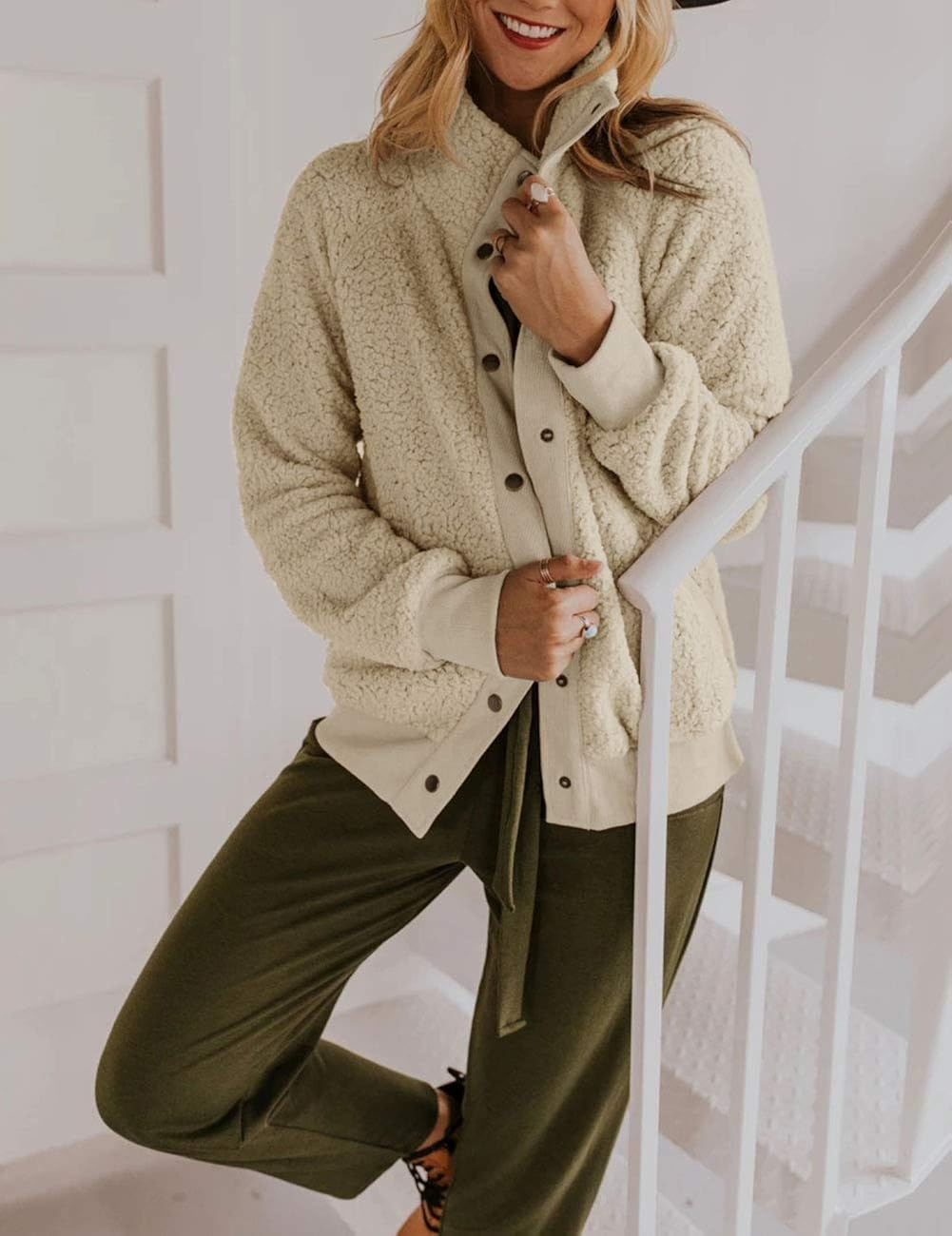 MEROKEETY Womens Winter Long Sleeve Button Sherpa Jacket Coat Pockets Warm Fleece at  Women's Coats Shop