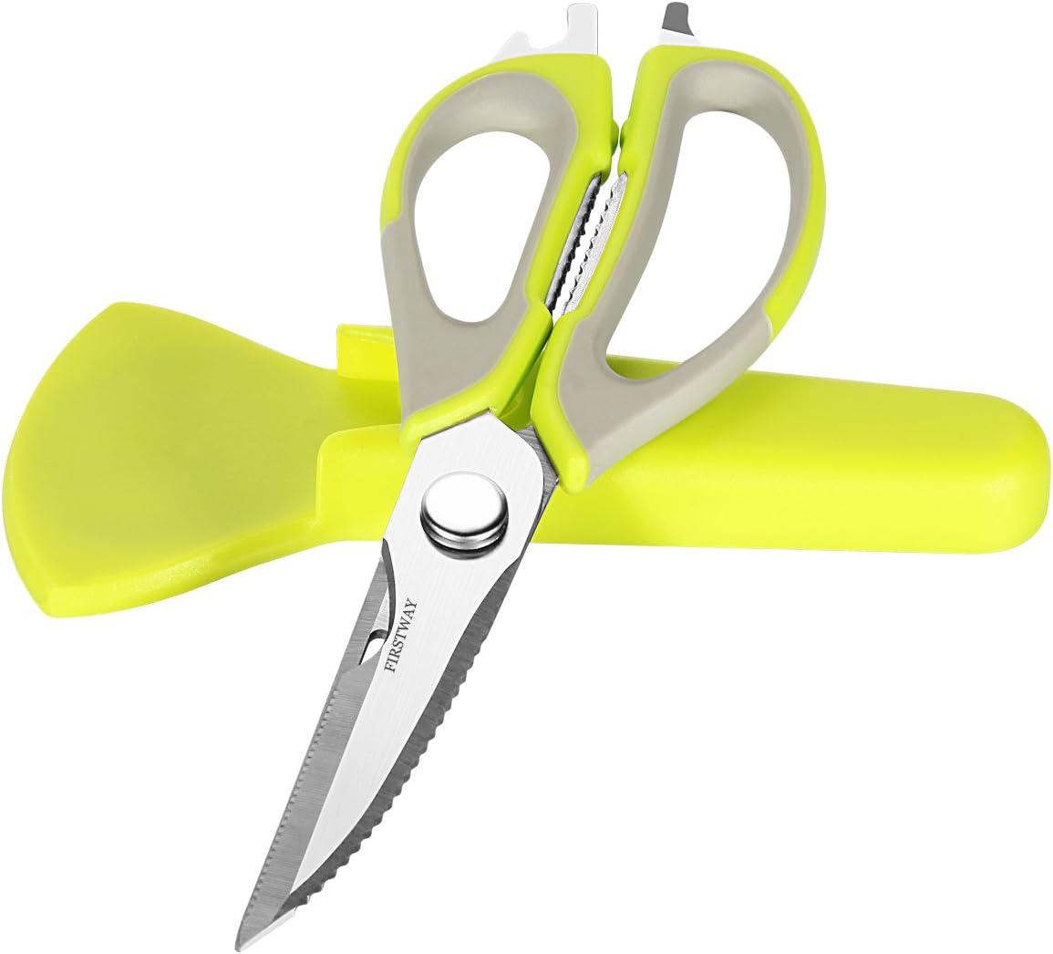 FIRSTWAY Multifunction Kitchen Shears Stainless Scissors Tool for Chicken,Poultry,Fish,Meat,Vegetables,BBQ,Walnut and Bottle Opener with Magnetic Holder Hung on Microwave or Fridge
