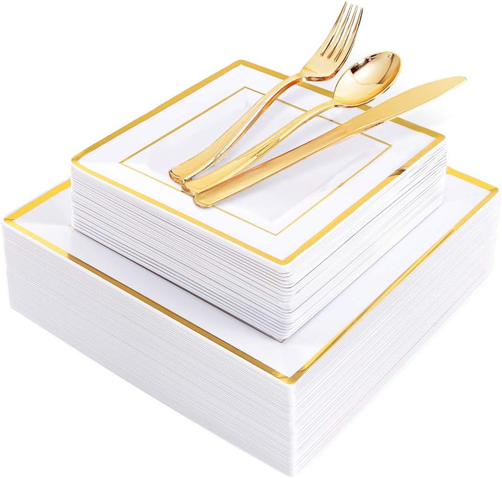 WDF 125pcs Gold Plastic Plates with Disposable Plastic Silverware- Gold Rim Square Plastic Dinnerware include 25 Dinner Plates,25 Salad Plates,25 Forks, 25 Knives, 25 Spoons