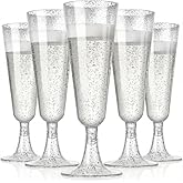 CYUU 25 Pack Plastic Champagne Flutes 5.5oz Silver Glitter Disposable Suitable for Wedding, Birthday Party, Thanksgiving Day, Christmas Supplies
