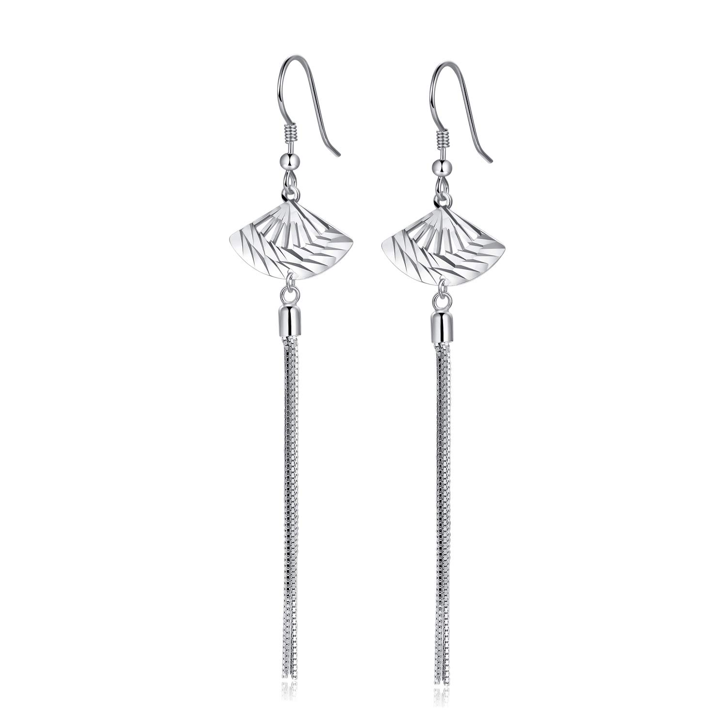 925 Sterling Silver Dangle Earrings Craved Fan Fancy Cut Earrings for Women Girls Fish Hook Chain Drop Earrings