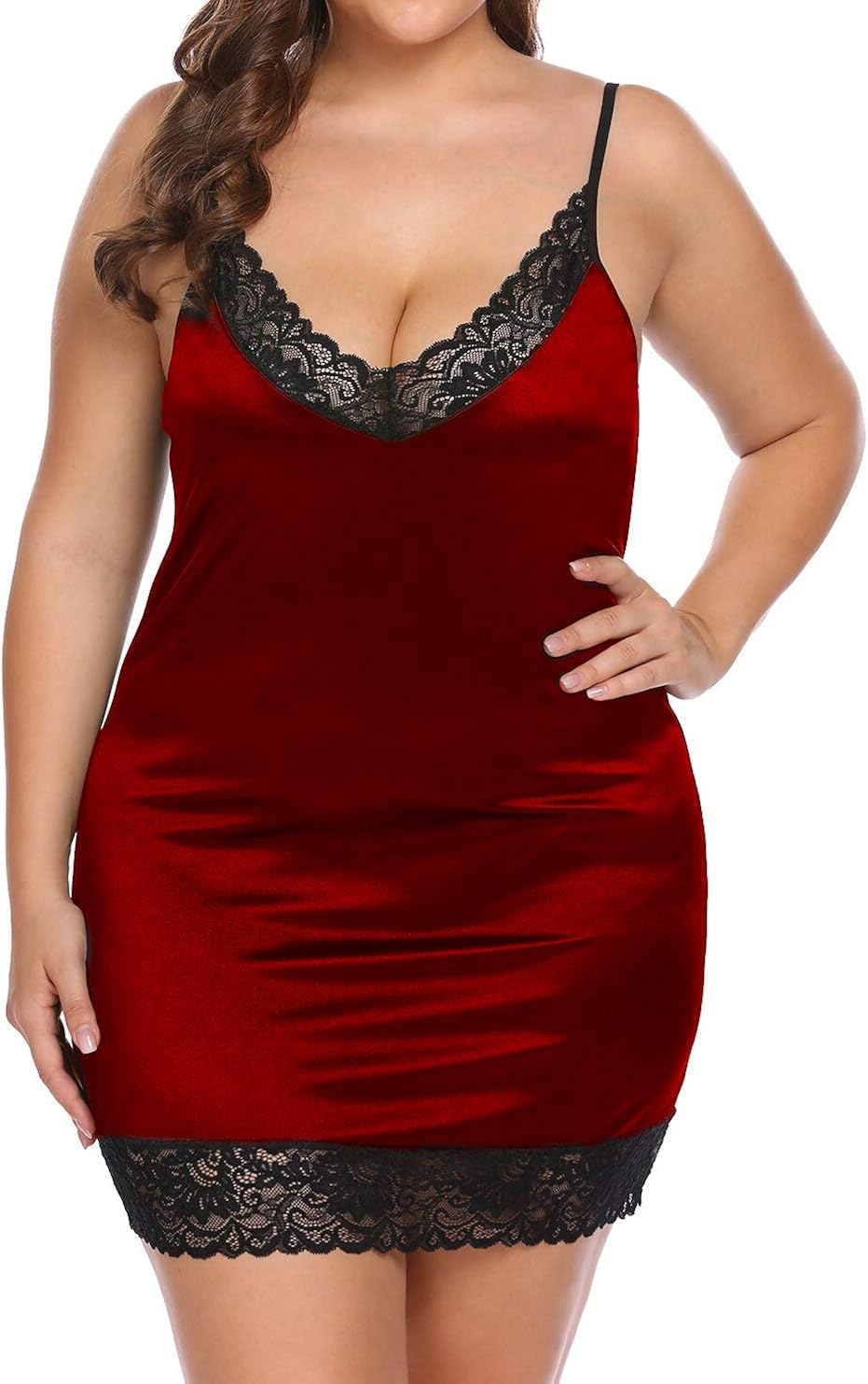 Women's Plus Size Chemise Sexy Deep V -Neck Lace Full Slip Adjustable Spaghetti Strap Lingerie Under Dress at  Women’s Clothing store