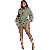 Famnbro Womens Summer Rompers Long Sleeve V Neck Drawstring Bubble Short Cute Jumpsuit One Piece Club Outfits