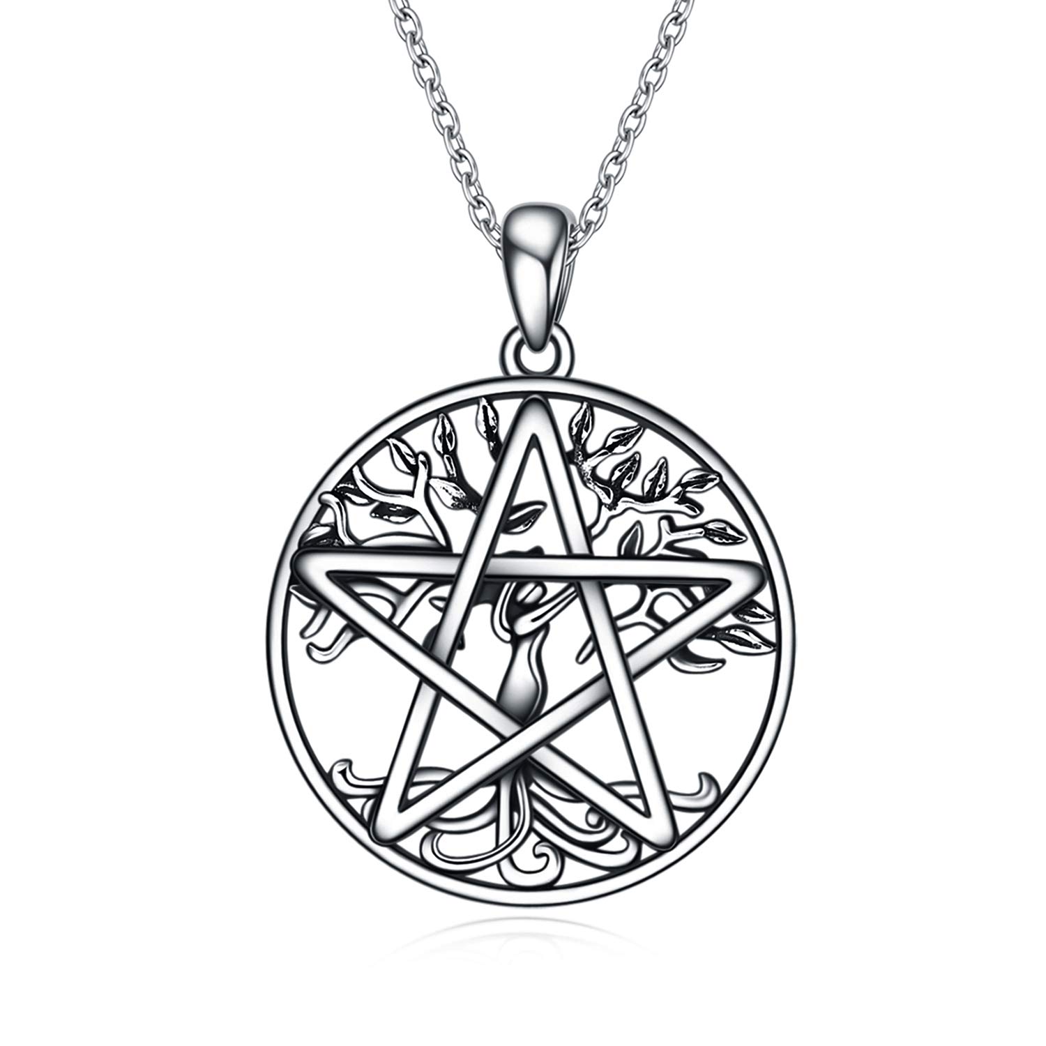 YAFEINI Pentagram Pentacle Necklace 925 Sterling Silver Tree of Life Pentagram Pentacle Pendant Necklace Wiccan Jewellery for Women Men Gifts