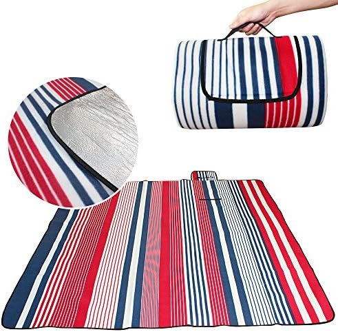 Baecon Pet Large Outdoor Picnic Blanket Tote, Spring Summer Stripe Waterproof and Sand proof Lightweight Portable Mat for Sports,Camping,Traveling,Hiking and Music Festivals (Red and Blue)