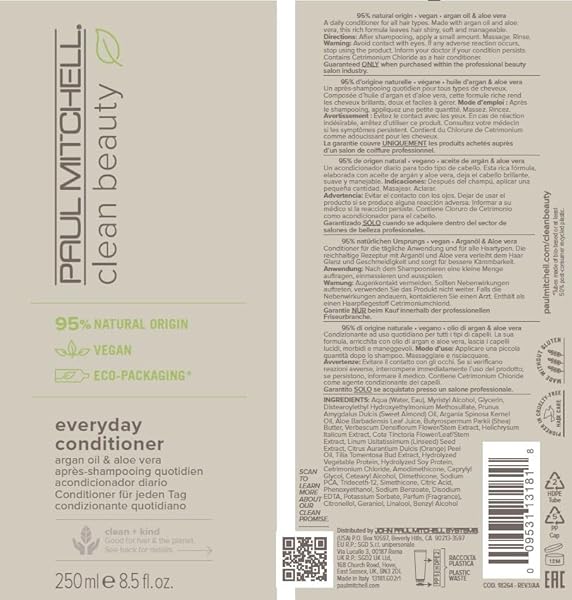PAUL MITCHELL CLEAN BEAUTY EVERYDAY CONDITIONER, ULTRA-RICH FORMULA, IMPROVES ELASTICITY, FOR ALL HAIR TYPES, 8.5 FL. OZ.