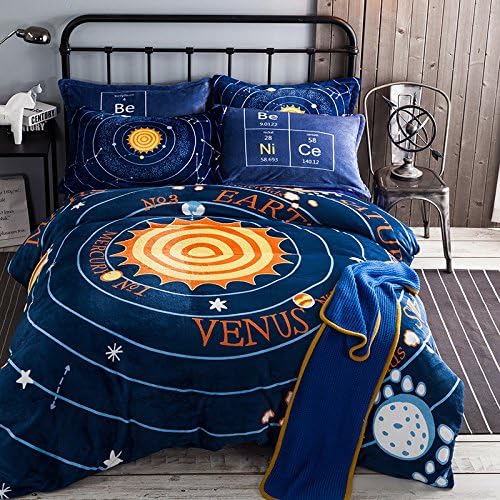 Deep Sleep Home 3pc 100% Flannel Duvet Cover Set, Printing Cartoon Sun Solar System, Blue Color, Full Size, Reversible Flannel Bedding Set, Zipper Close (Full, Solar System)