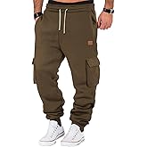 A WATERWANG Men's Fleece Cargo Sweatpants Casual Cotton Tapered Drawstring Athletic Workout Joggers Sweat Pants with Pockets
