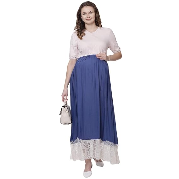 Women Pastel Pink Lace Maternity Dress Pregnancy Maxi Dress