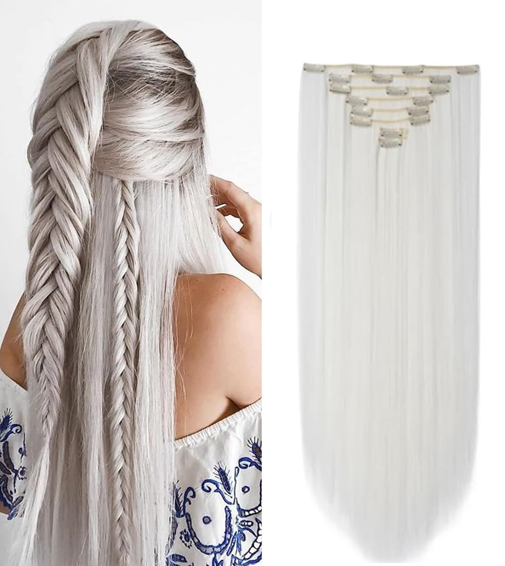 Clip In Human Hair Synthetic Full Head Hair Extension Highlights Streaks (White Straight, Full Pack) — image 1