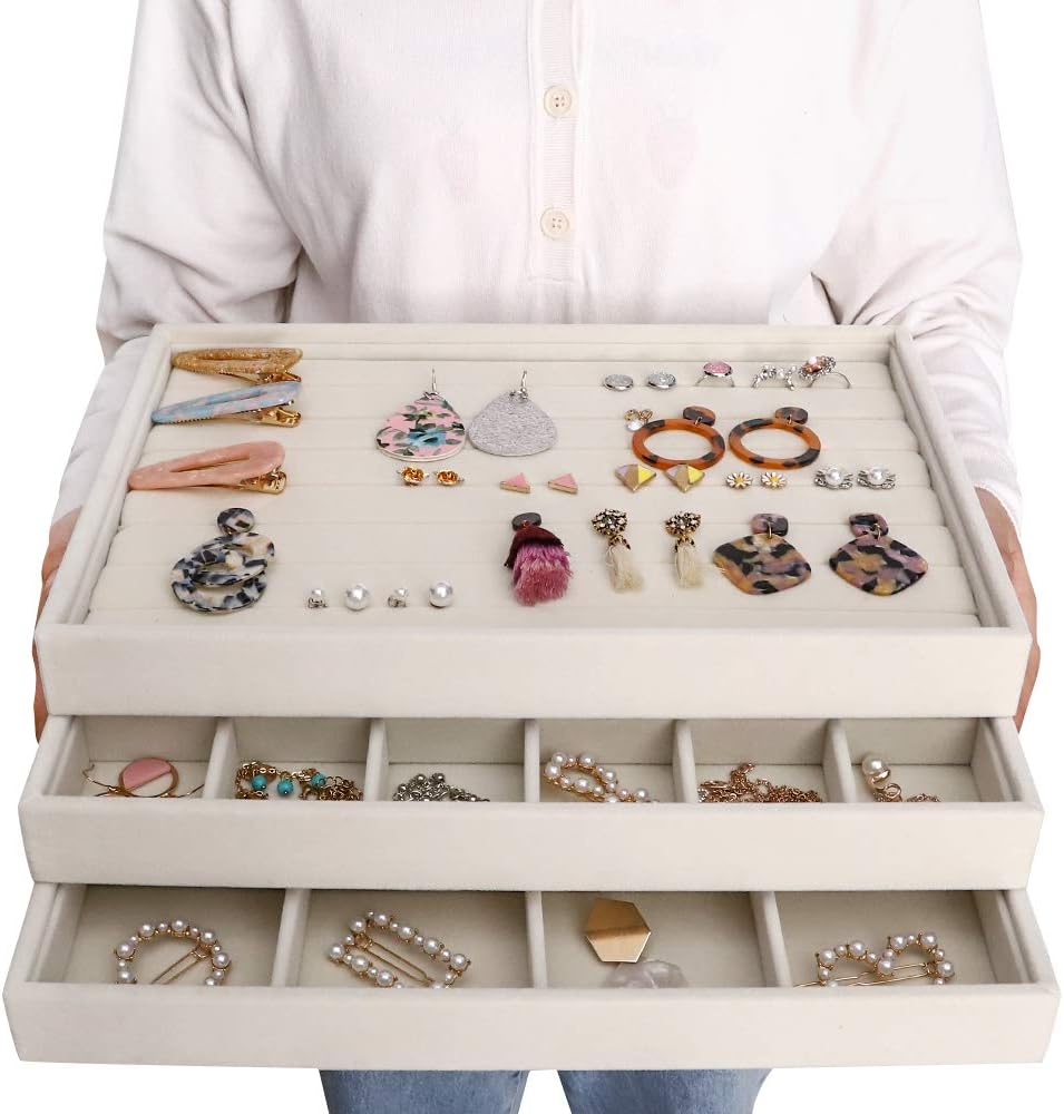 Mebbay Stackable Velvet Jewelry Trays Organizer, Jewelry Storage Display Trays All Velvet for Drawer, Earring Necklace Bracelet Ring Organizer, Set of 3 (Creamy White): Home & Kitchen