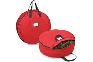 Primode Christmas Wreath Storage Bag 36" - 2 Pack Artificial Wreath Container - Garland Holiday Xmas Wreaths Holder - Sturdy Handles - Inner Straps - Card Slot Dual Zipper Strong Oxford (36 Inch, Red)