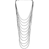 COOLSTEELANDBEYOND Women Layered Silver Bead Necklace with Black Cord Strands Multi-Row Long Statement Fashion Jewelry