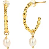 Pearl Dangle Huggie Hoop Earrings for Women, 18K Gold Plated 925 Sterling Silver Post Classic Freshwater Pearl Drop Open Hoop Earring, Trendy Gold Huggie Earrings for Women Jewelry Gifts