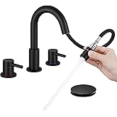 IUERASD Matte Black Pull Down Bathroom Faucet 3 Hole with Pop Up Drain, Bathroom Sink Faucet with Pull Down Sprayer 2 Modes, 8 inch Widespread Gold Faucet for Bathroom Sink, 2 Handle Vanity Faucet