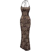 Floerns Women's Leopard Print Sleeveless Halter Dress Club Bodycon Maxi Dresses