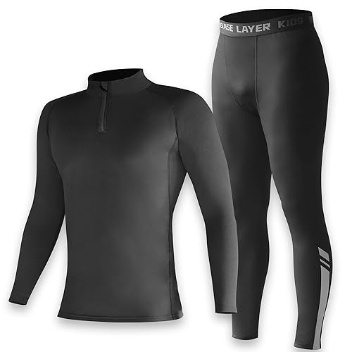 Penerl Skins for Boys Long Sleeve Top & Tights Football Compression Set | Kids Thermal Base Layer Set, Football Skins Boys Age 4-16 (Black, 28)
