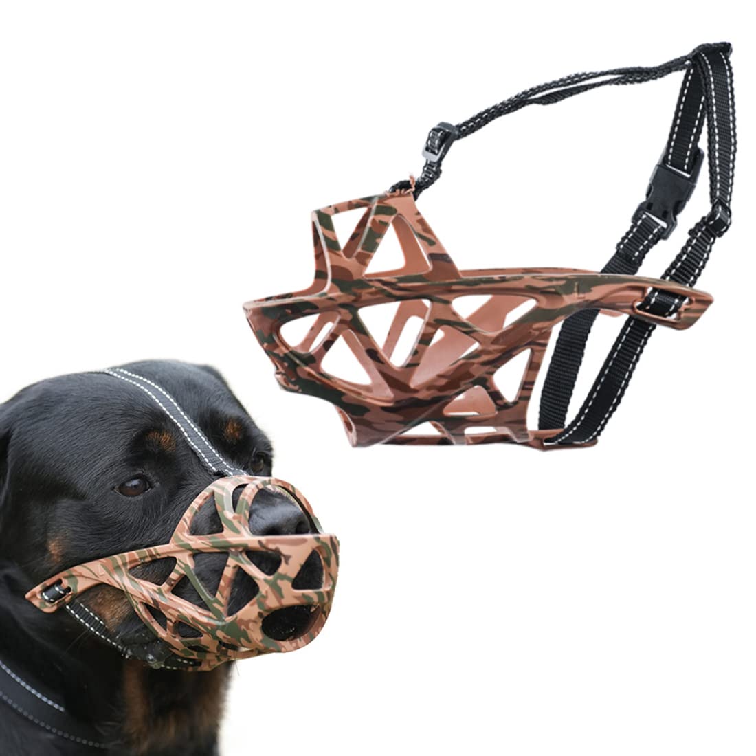 Dog Muzzle Soft Rubber Basket Breathable Muzzles Adjustable Straps for Small Medium Large Dogs Allow Drink Water Panting Anti-Biting Prevent Chewing Barking Fighting Pet Mouth Cover (XL,Camo Green)
