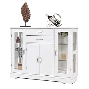 Giantex Sideboard Buffet Server Storage Cabinet Console Table Kitchen Dining Room Furniture Entryway Cupboard with 2 Drawers and 3 Cabinets with Glass Doors, White