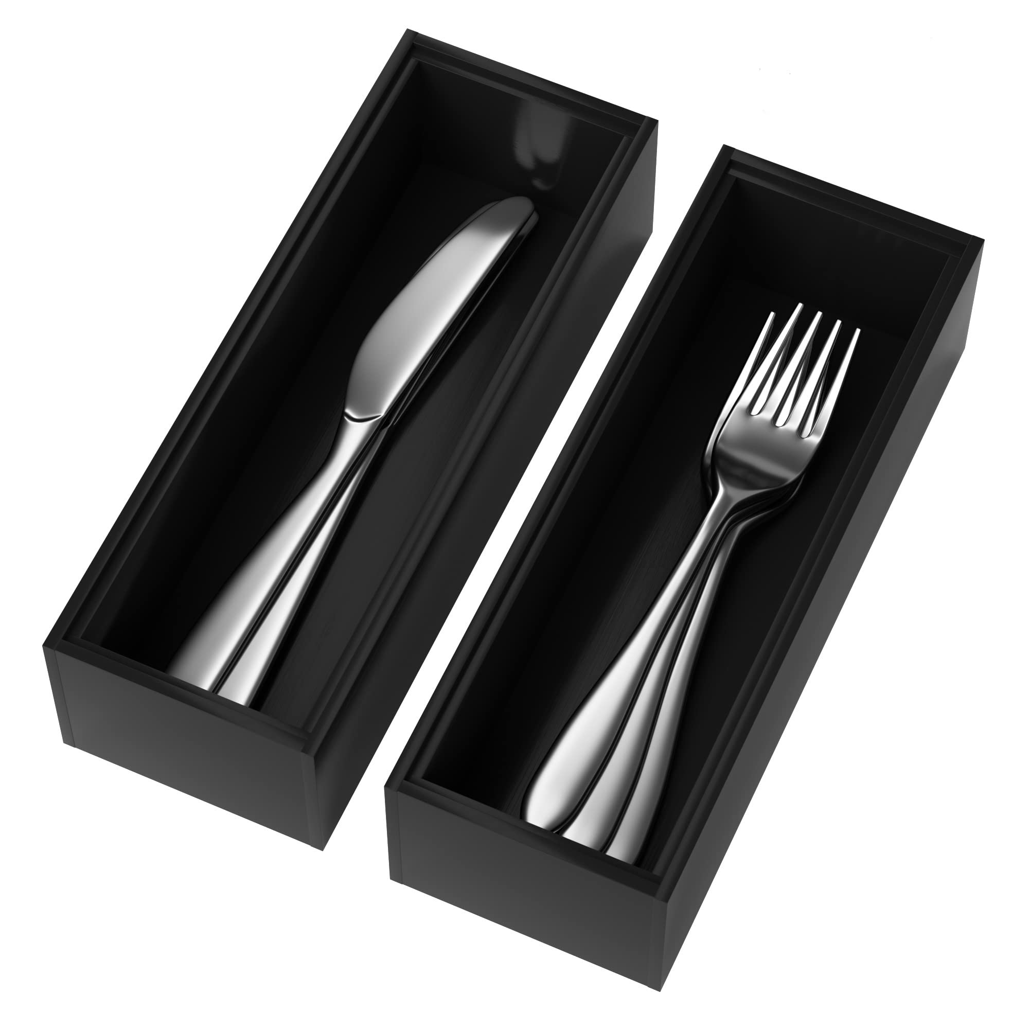 Photo 1 of Premium Bamboo Kitchen Drawer Organizer - Set of 2, Stackable Utensils Holder, Storage Box Tray for Kitchen Drawers, Cabinet, Utensil, Silverware, Spatula, Flatware or Makeup, Vanity, Bathroom(Black)