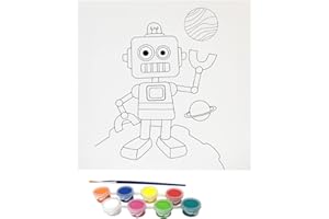 Misco Toys Canvas Paint Party Kits, 11 Piece Art kit Pre-Drawn Outline Canvas for Paint and Sip 8 Colors and Brush Included, Great Gift for Kids 4+ and Adults Too! (Robot)