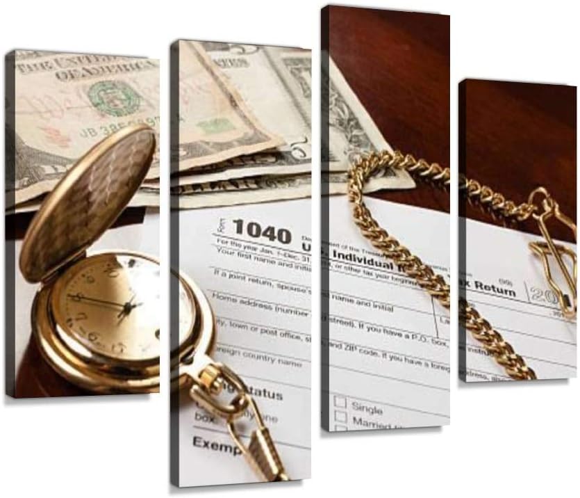 Paintings - 1040 income tax return form with pocket watch and money vintage Canvas Wall Art Hanging Paintings Modern Artwork Abstract Picture Prints Home Decoration Gift Unique Designed Framed 4 panel