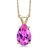 Gem Stone King 14K Yellow Gold Pink Created Sapphire Pendant Necklace for Women | 2.41 Cttw | Gemstone September Birthstone | Pear Shape 10X7MM | With 18 Inch Chain