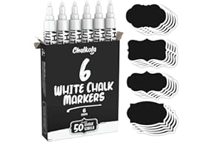 Chalkola White Chalk Markers (6 Pack, 6mm Reversible Tip) - White Dry Erase Liquid Chalk Pens for Blackboard, Window, Bistro, Car Glass, Board, Calendar - Erasable Chalkboard Markers + 50 labels