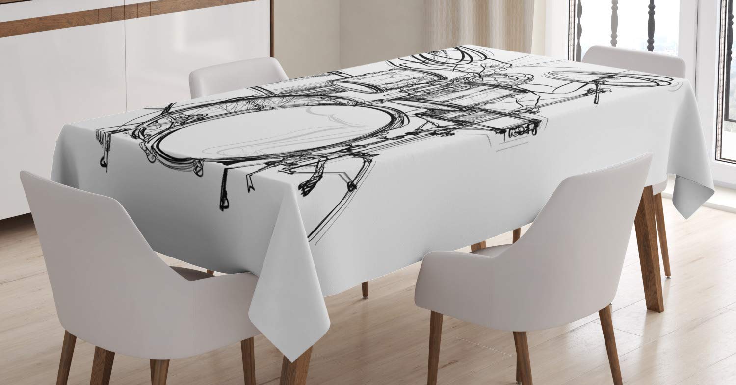 ABAKUHAUS Rock Music Tablecloth, Doodle Drawing Sketch Style Drummer Musical Inspirations Monochrome Arrangement, Dining Room Kitchen Table Cover, 54" x 94", White Black Grey