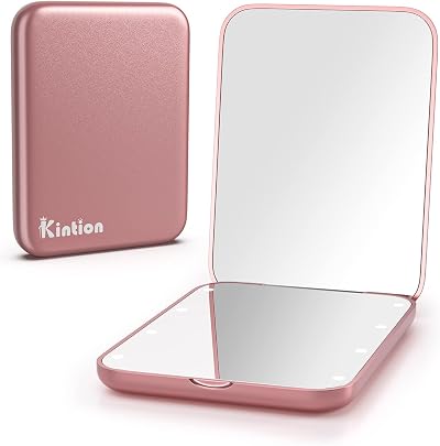 Kintion Pocket Mirror 1X 3X LED Lighted Compact 2-Sided Rose Gold