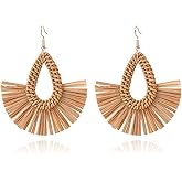 QLYOVWE Statement Raffia Earrings Boho Summer Beach Earrings for Women Handmade Fashion Rattan Fringe Tassel Earring Lightweight Straw Wicker Dangle Drop Earring Bohemian Gift Jewelry