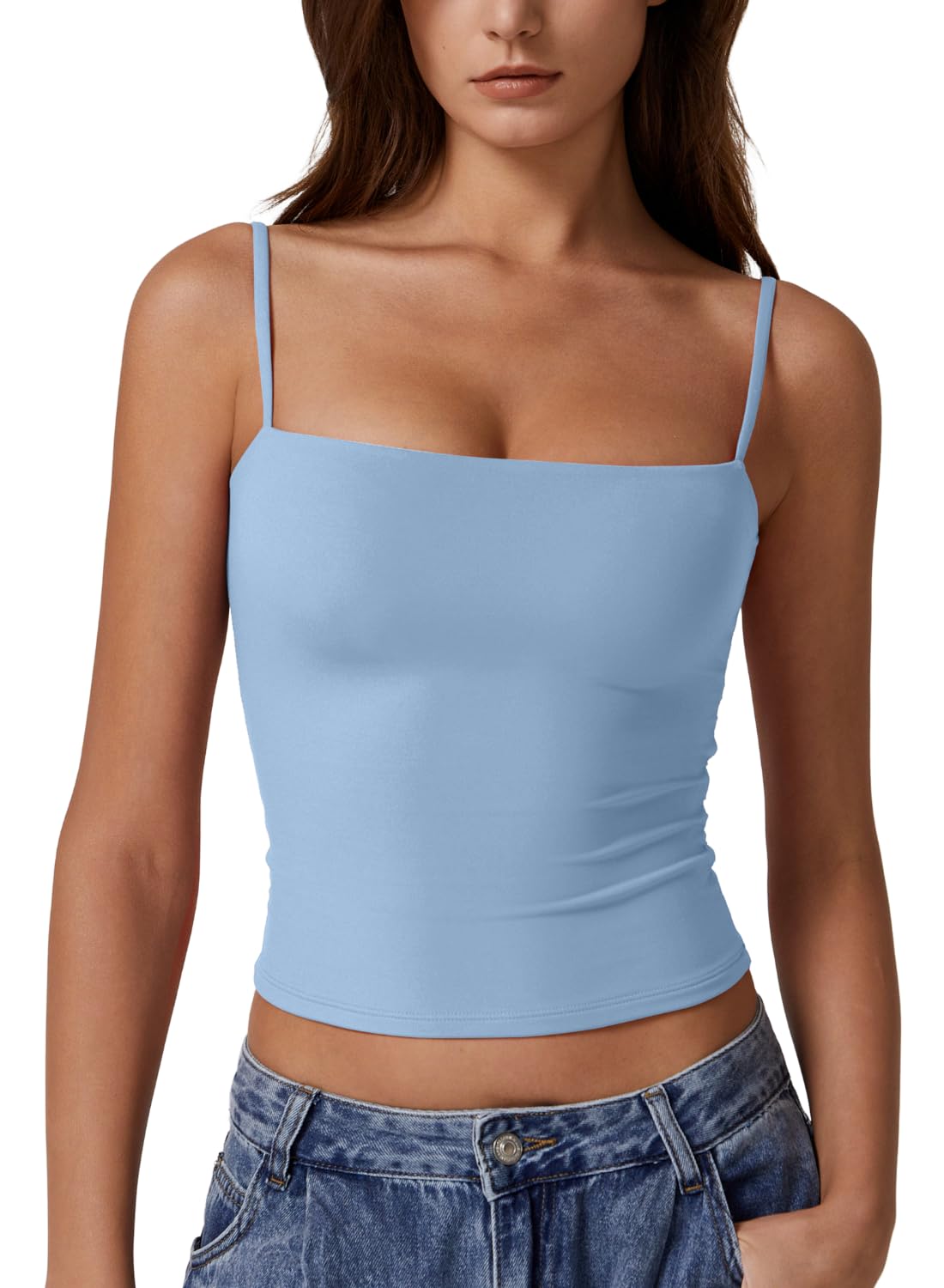 Photo 1 of QINSEN Women's Basic Solid Cami Undershirt Spaghetti Strap Double Layer Crop Tank Top Light Blue L