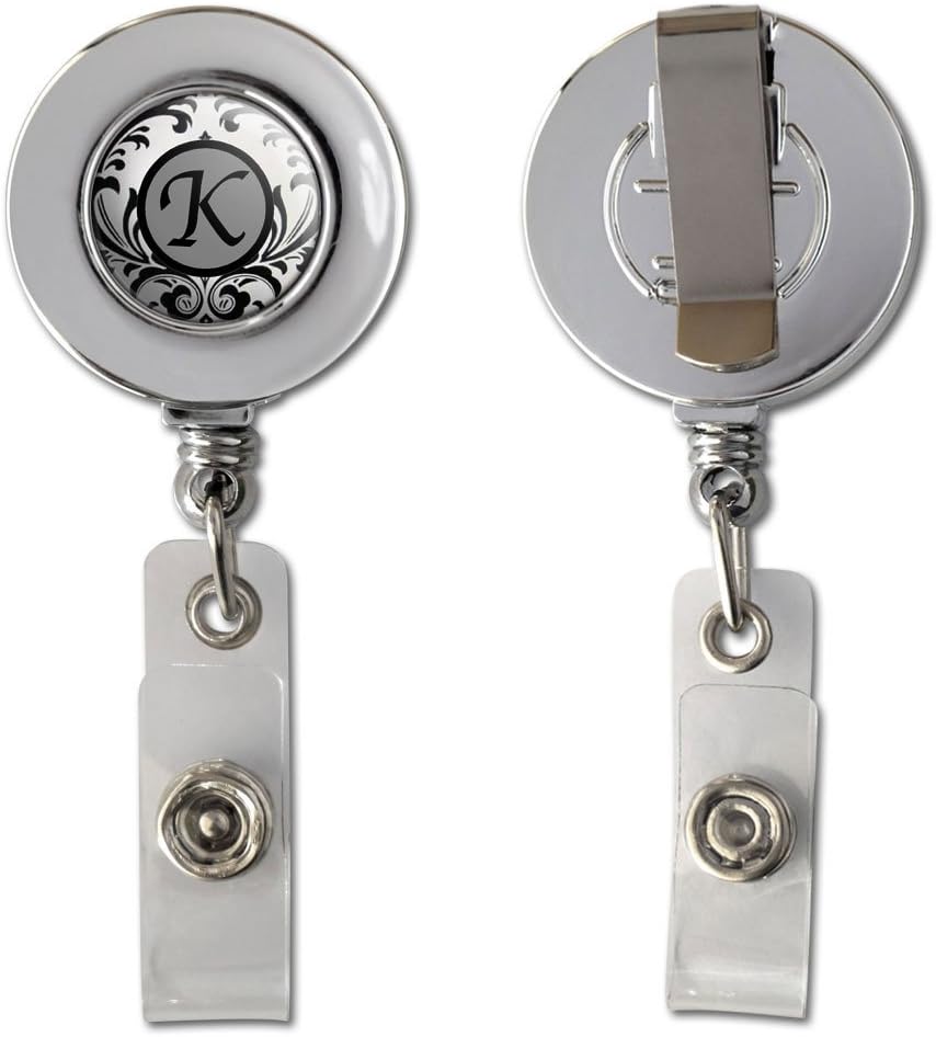Amazon Com Letter K Formal Fancy Retractable Reel Chrome Badge Id Card Holder Clip Office Products