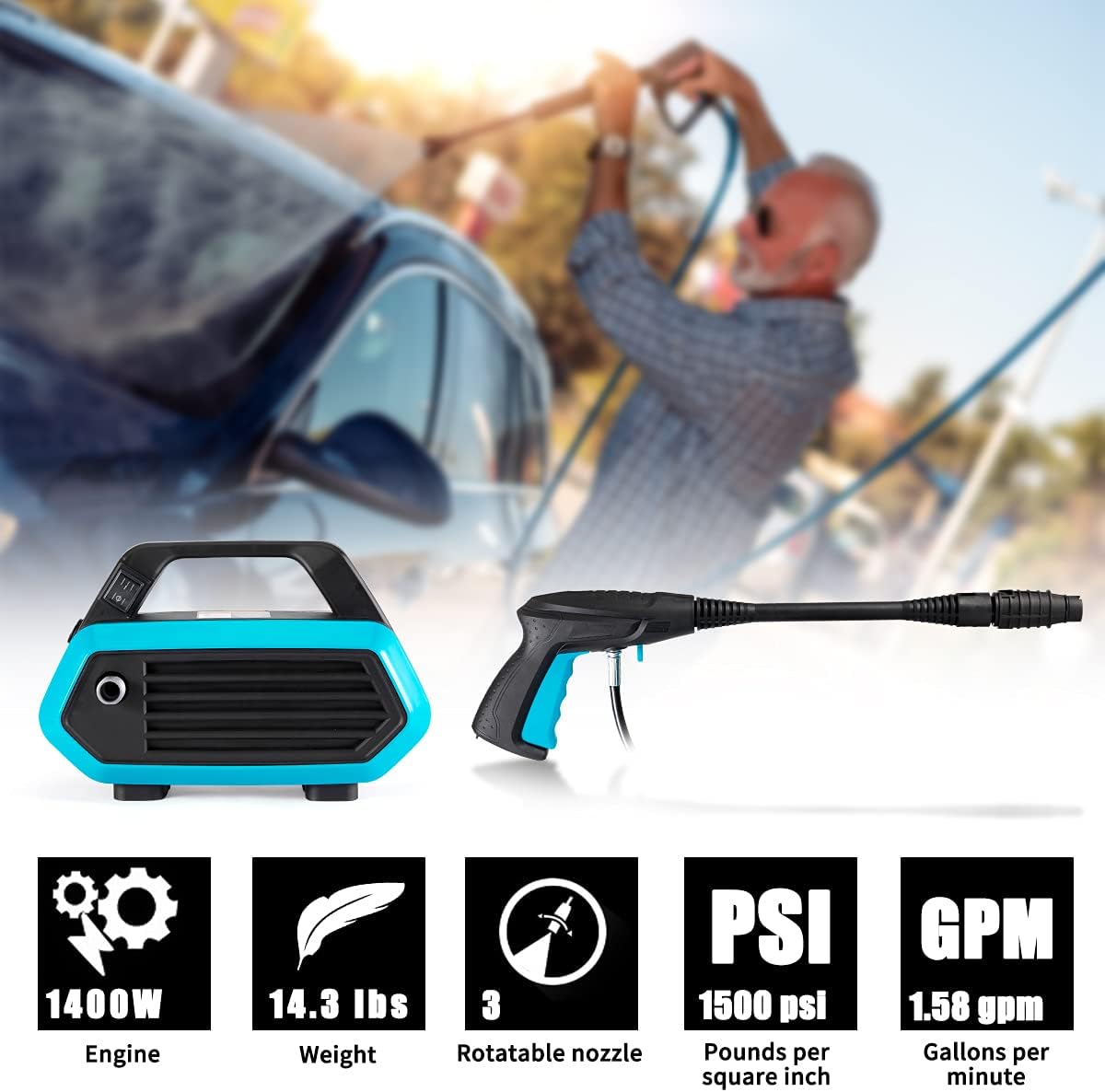 MELLCOM 1500PSI Pressure Washer 1.58GPM Electric Power Washer with Nozzle/ Spray Gun Wand high-Pressure Hose Leak-Proof Power Cord, Car Washer with Garden Connector Detergent Bottle : Garden & Outdoor